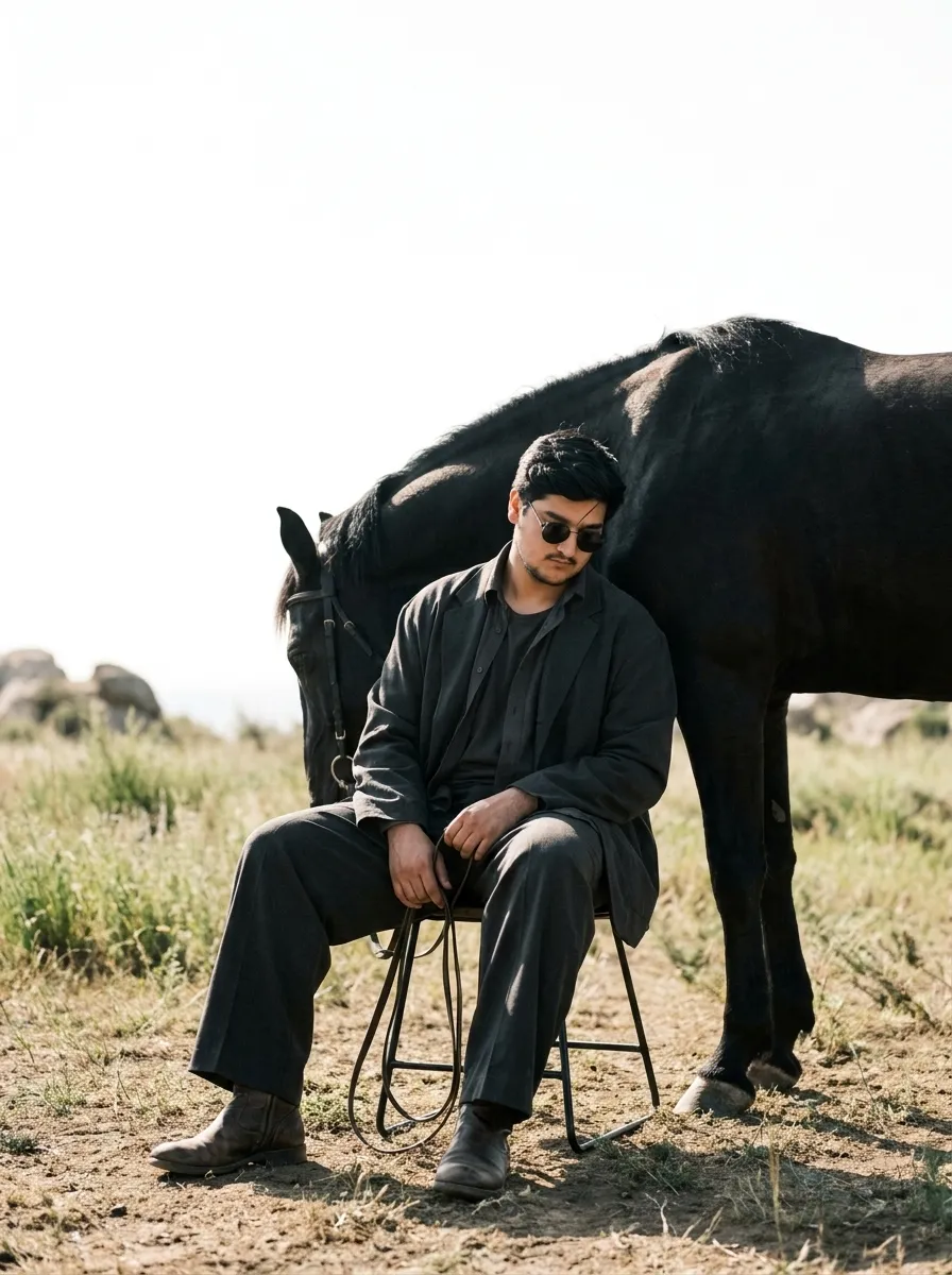 Black horse stands close behind the seated figure