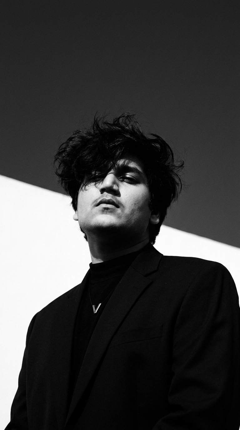 Black-and-white editorial portrait