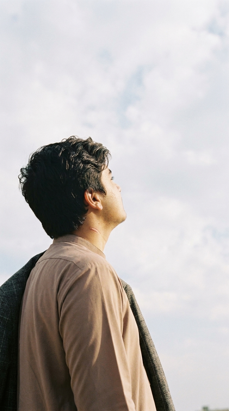 Young Man Looking Upward Against Blue Sky