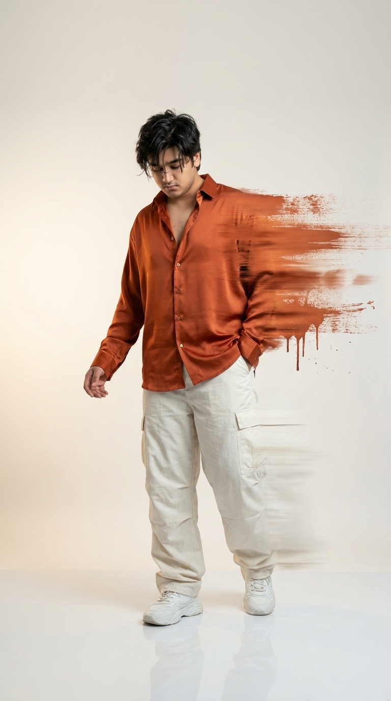 Stylish Orange Shirt Portrait with Artistic Glitch Effect